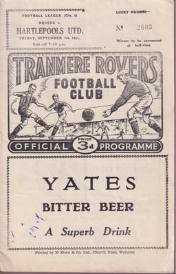 Tranmere Rovers v Hartlepool United Match Programme 1961-09-01